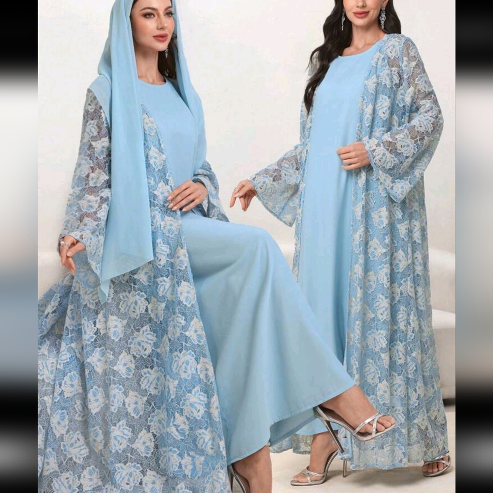 Elegant Light Blue Lace Abaya Set